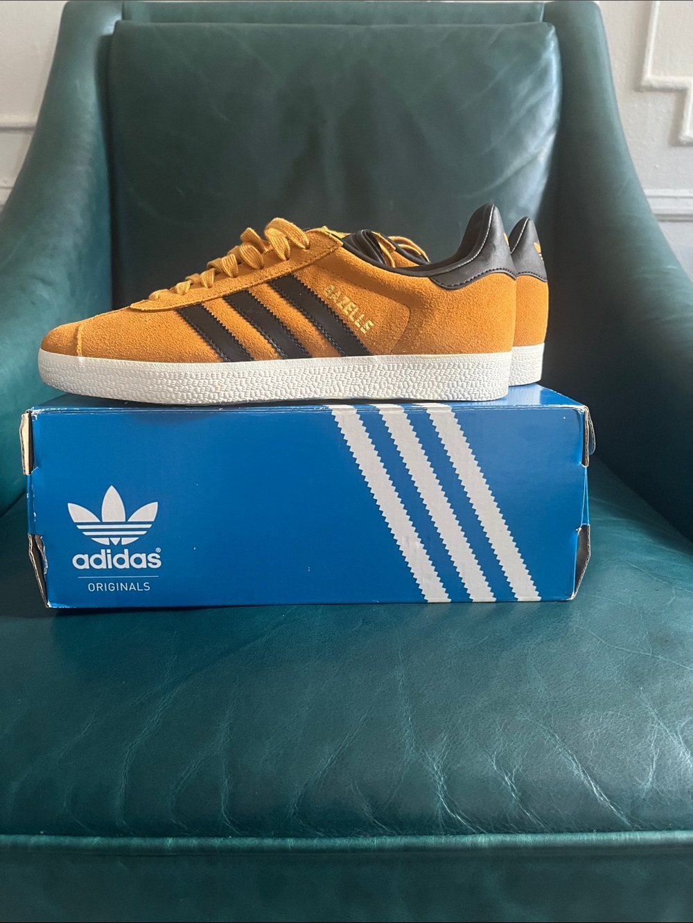 adidas Gazelle Suede Sneakers in Mustard with Black Stripes